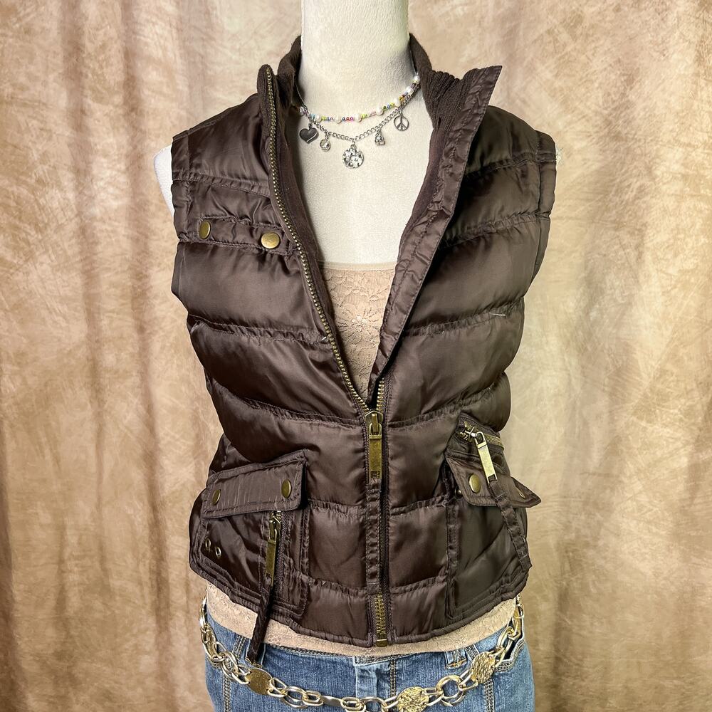 Vintage Y2K Puffer Vest Cargo Pocket Brown Sleeveless Zip Up Moto Indie Sleaze